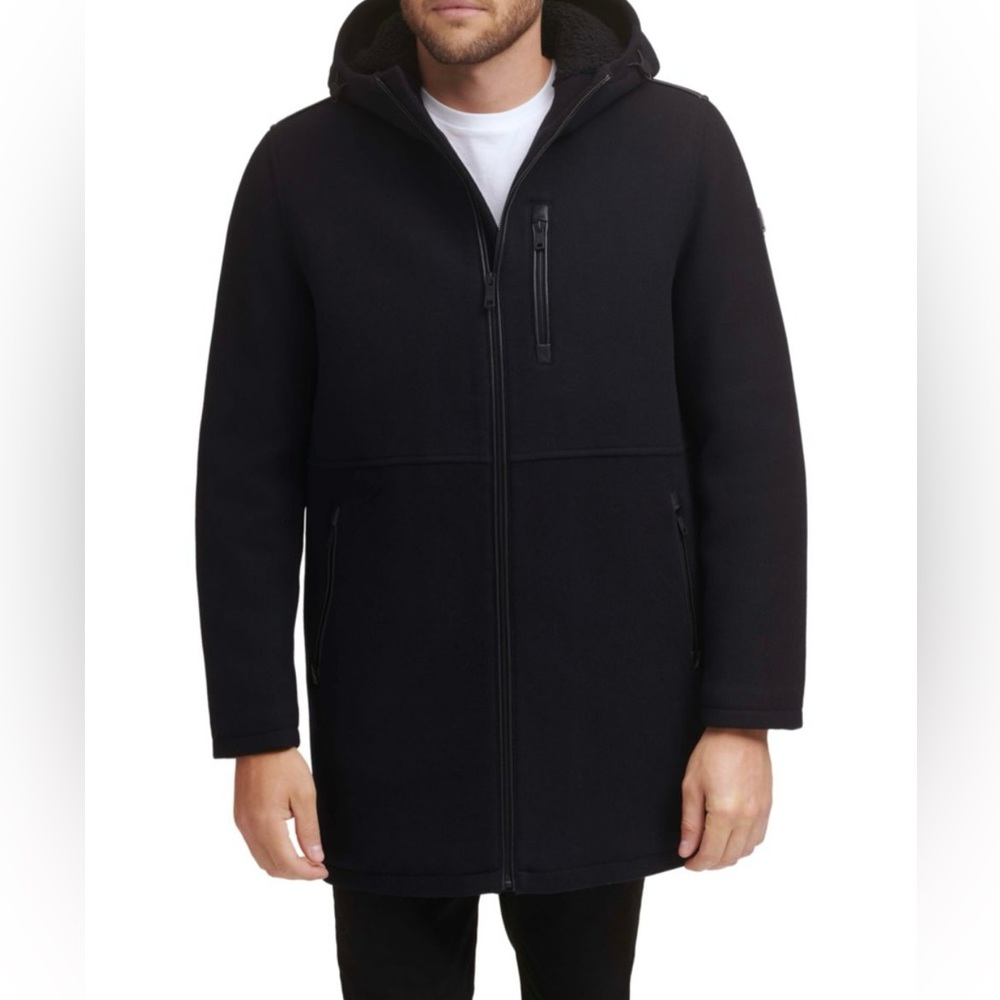 Kenneth Cole Men’s Faux Shearling Hooded Wool
Blend Coat Size Large